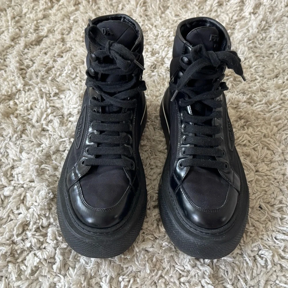 Prada Black Leather Sneakers Sleek Design - Picture 2 of 8